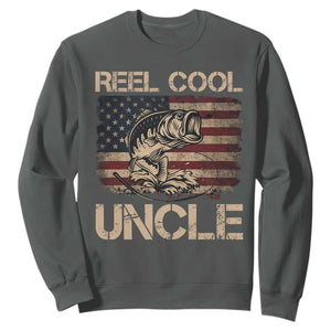 Reel Cool Uncle Sweatshirt Funny Fishing USA Flag Patriotic Fisherman Fathers Day TS10 Dark Heather Print Your Wear