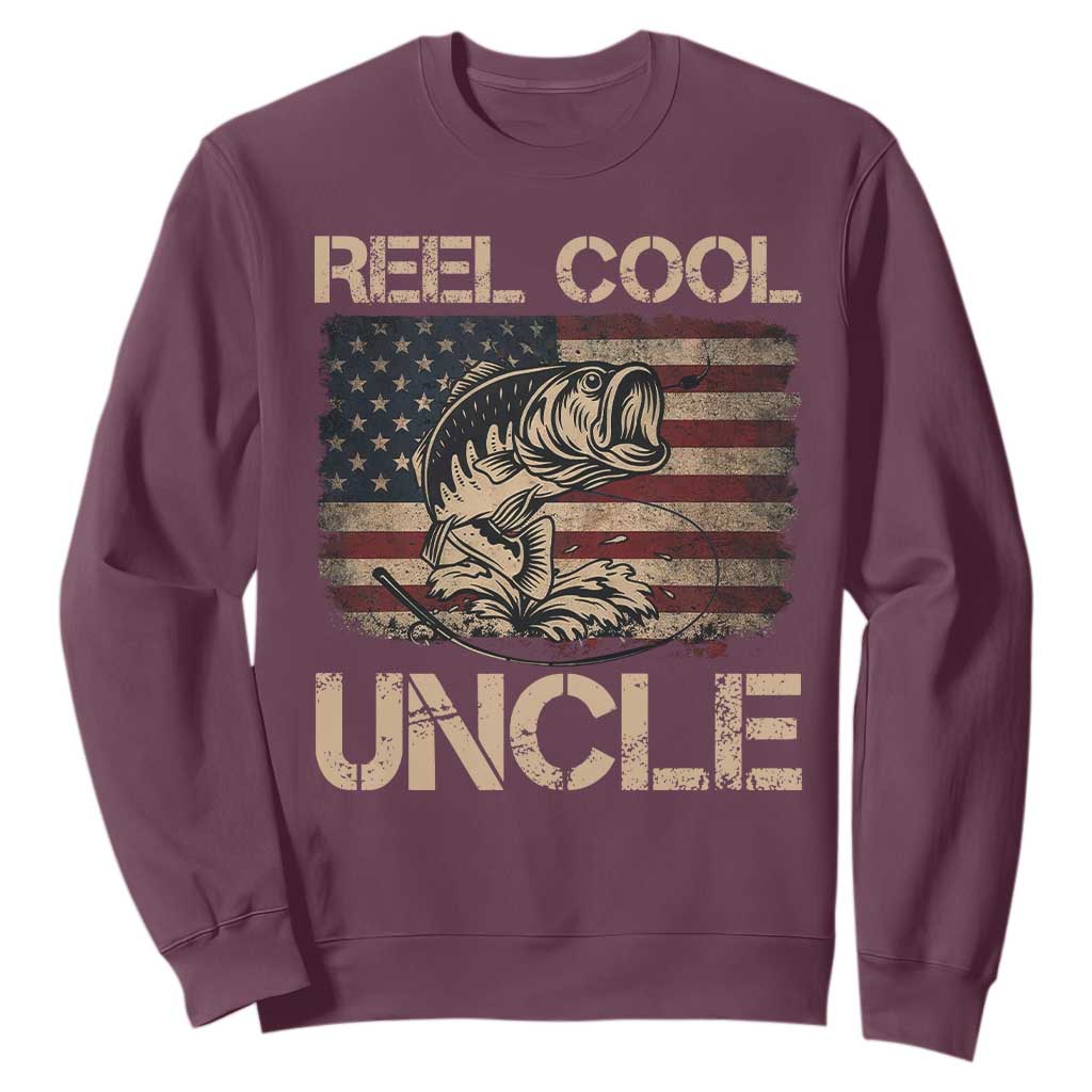 Reel Cool Uncle Sweatshirt Funny Fishing USA Flag Patriotic Fisherman Fathers Day TS10 Maroon Print Your Wear