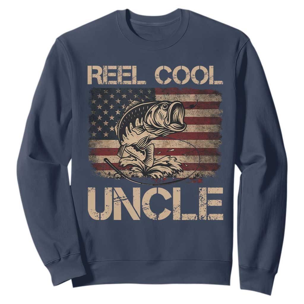 Reel Cool Uncle Sweatshirt Funny Fishing USA Flag Patriotic Fisherman Fathers Day TS10 Navy Print Your Wear