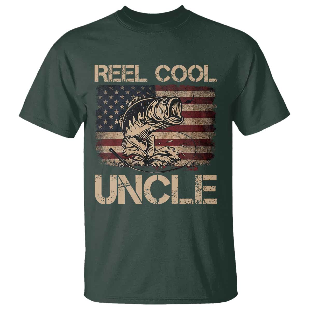 Reel Cool Uncle T Shirt Funny Fishing USA Flag Patriotic Fisherman Fathers Day TS10 Dark Forest Green Print Your Wear
