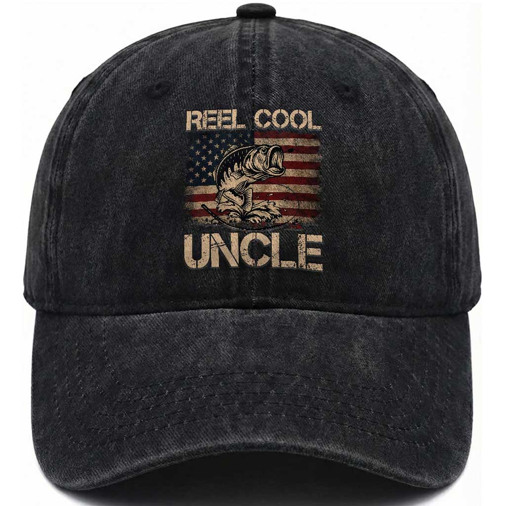 Reel Cool Uncle Washed Cotton Baseball Cap Funny Fishing USA Flag Patriotic Fisherman Fathers Day TS10 Print Your Wear