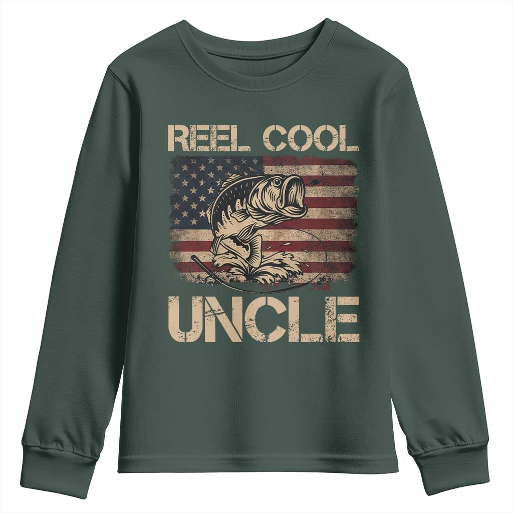 Reel Cool Uncle Youth Sweatshirt Funny Fishing USA Flag Patriotic Fisherman Fathers Day TS10 Dark Forest Green Print Your Wear