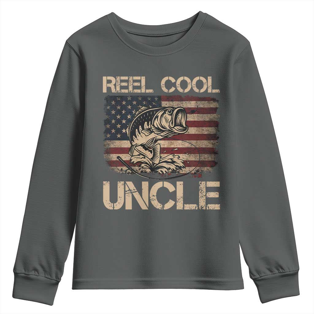 Reel Cool Uncle Youth Sweatshirt Funny Fishing USA Flag Patriotic Fisherman Fathers Day TS10 Dark Heather Print Your Wear