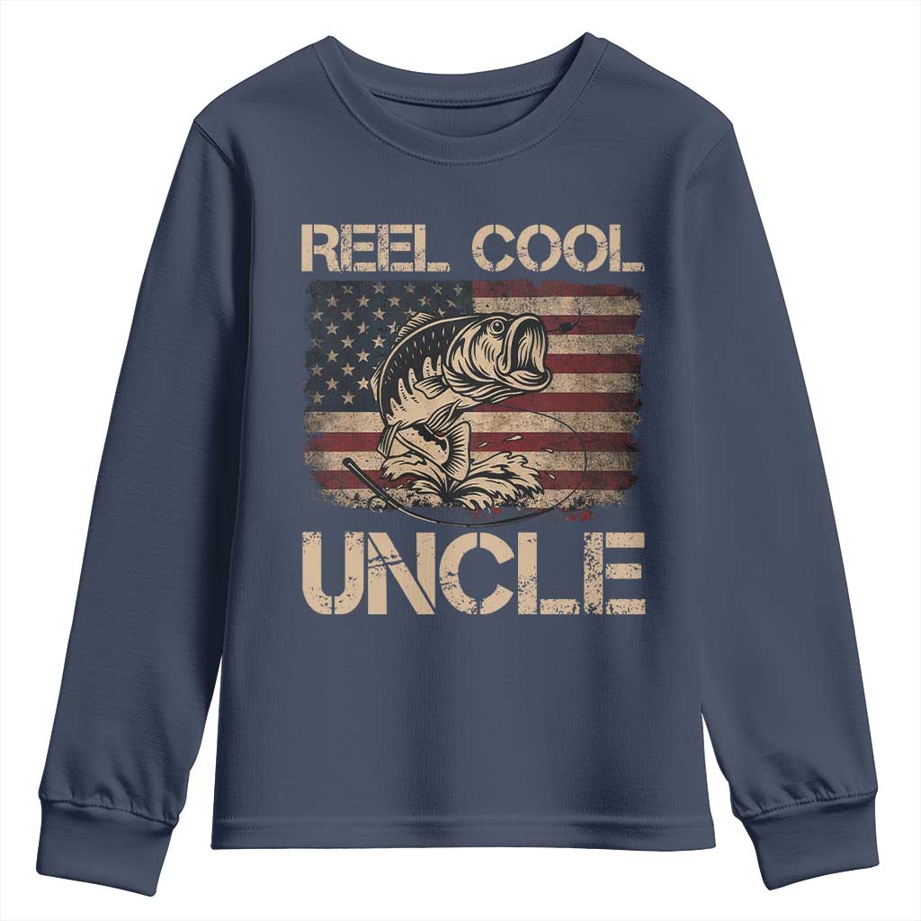 Reel Cool Uncle Youth Sweatshirt Funny Fishing USA Flag Patriotic Fisherman Fathers Day TS10 Navy Print Your Wear