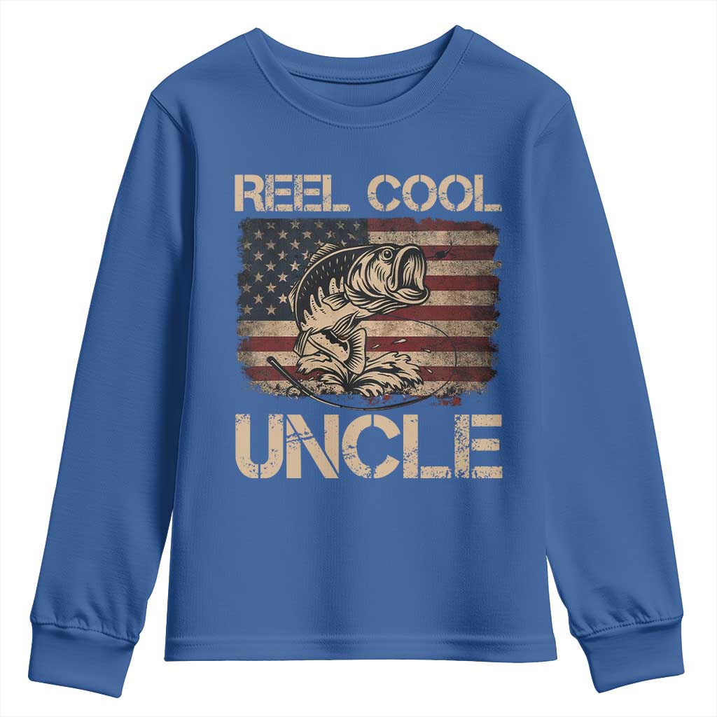 Reel Cool Uncle Youth Sweatshirt Funny Fishing USA Flag Patriotic Fisherman Fathers Day TS10 Royal Blue Print Your Wear