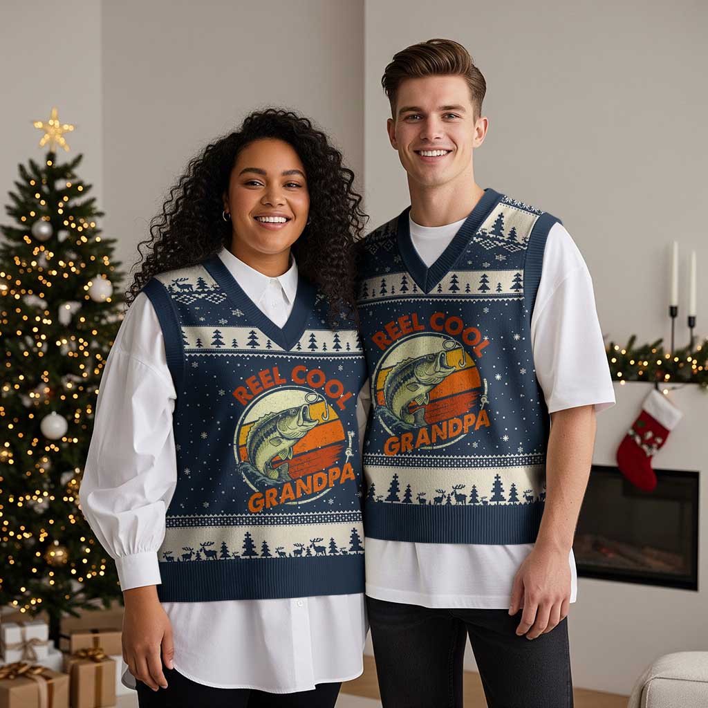 Reel Cool Grandpa V-Neck Knit Sweater Vest Funny Fathers Day Dada Fishing Lover Fisherman TS10 Navy Beige Print Your Wear