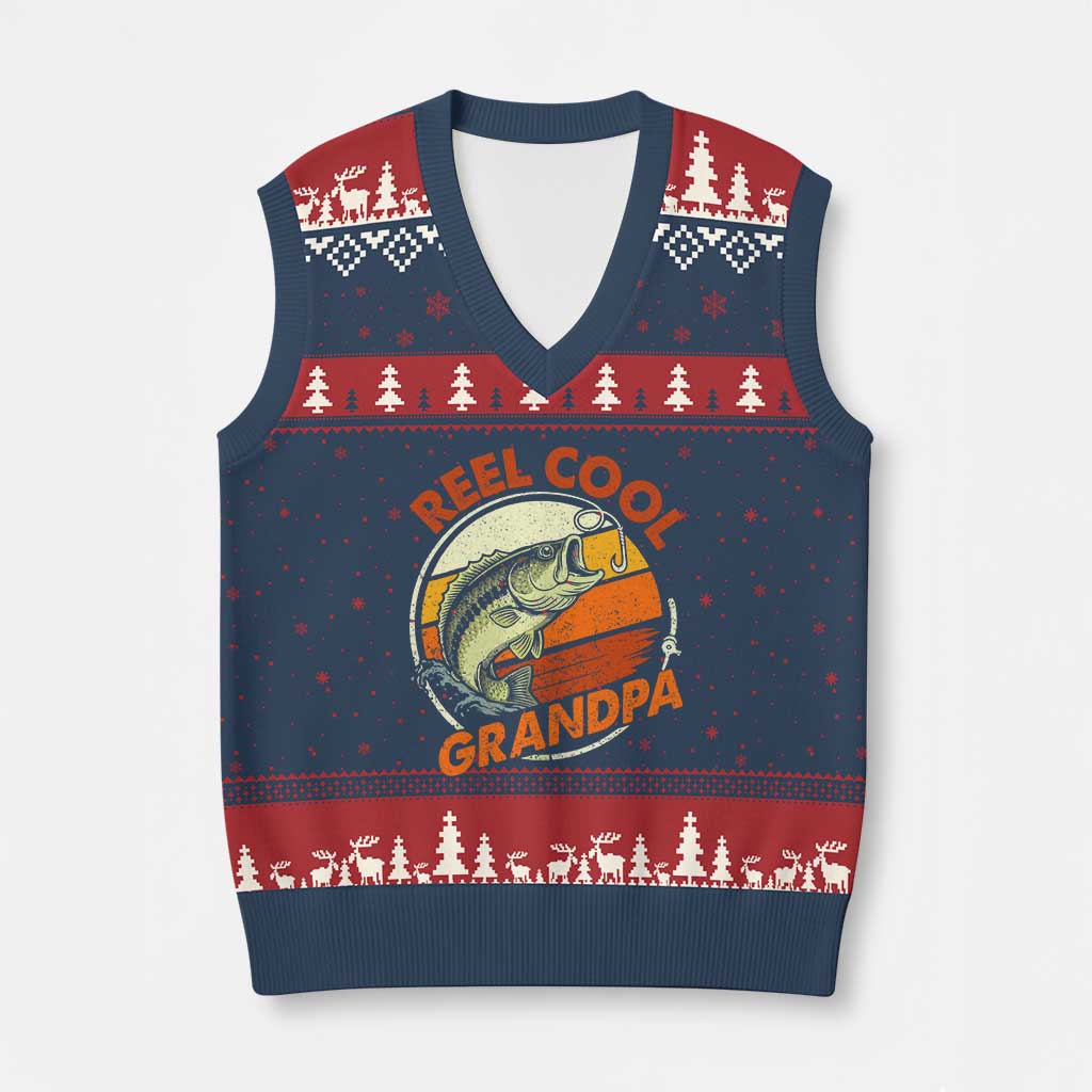 Reel Cool Grandpa V-Neck Knit Sweater Vest Funny Fathers Day Dada Fishing Lover Fisherman TS10 Navy Red Print Your Wear