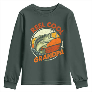 Reel Cool Grandpa Youth Sweatshirt Funny Fathers Day Dada Fishing Lover Fisherman TS10 Dark Forest Green Print Your Wear
