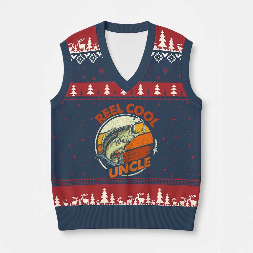 Uncle Fishing V-Neck Knit Sweater Vest Reel Cool Uncle Funny Fathers Day Fisherman TS10 Navy Red Print Your Wear