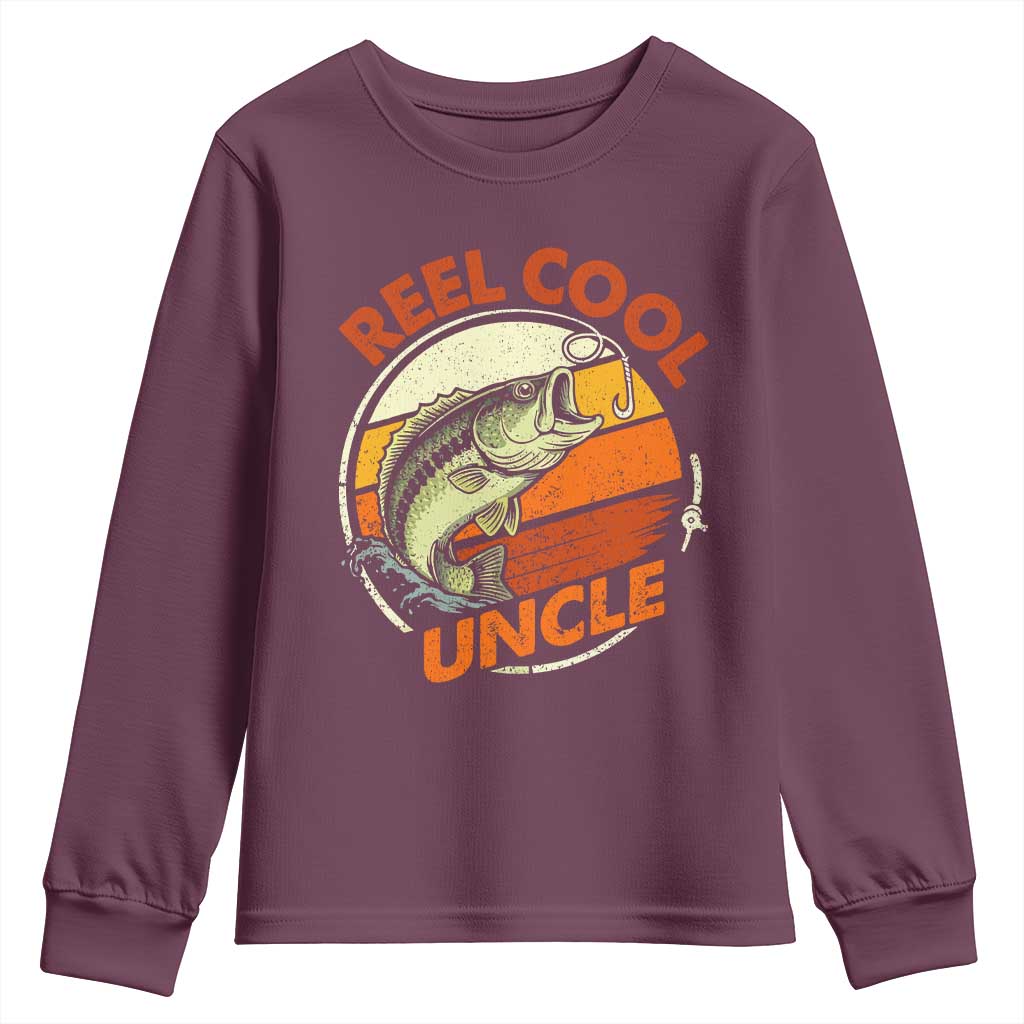 Uncle Fishing Youth Sweatshirt Reel Cool Uncle Funny Fathers Day Fisherman TS10 Maroon Print Your Wear