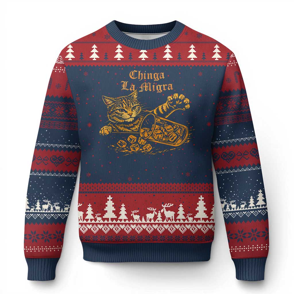 Chinga La Migra Ugly Christmas Sweater Retro Protest Subtle FDT Cat Meme TS10 Navy Red Print Your Wear