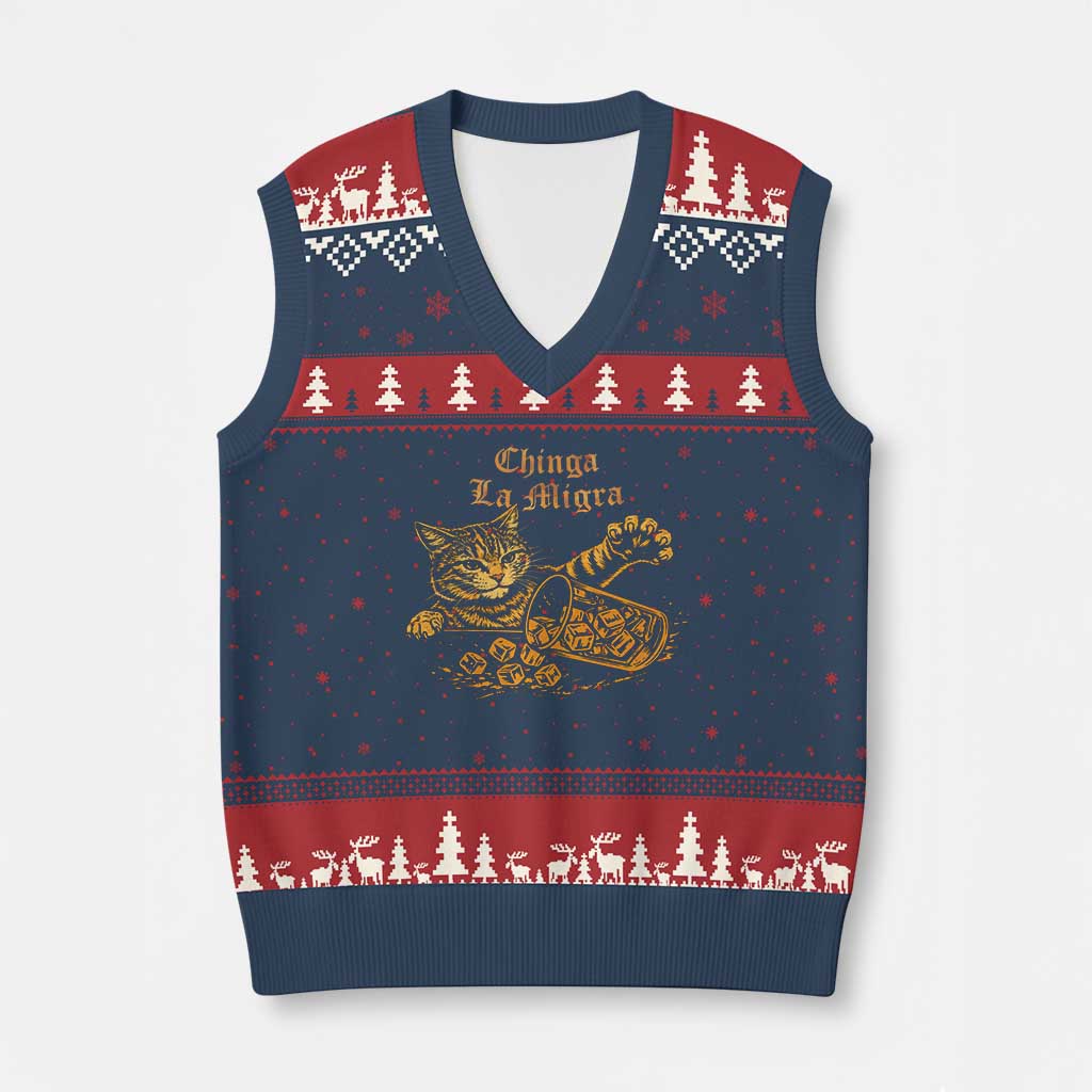 Chinga La Migra V-Neck Knit Sweater Vest Retro Protest Subtle FDT Cat Meme TS10 Navy Red Print Your Wear