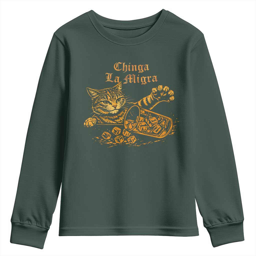 Chinga La Migra Youth Sweatshirt Retro Protest Subtle FDT Cat Meme TS10 Dark Forest Green Print Your Wear