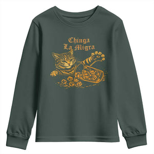 Chinga La Migra Youth Sweatshirt Retro Protest Subtle FDT Cat Meme TS10 Dark Forest Green Print Your Wear