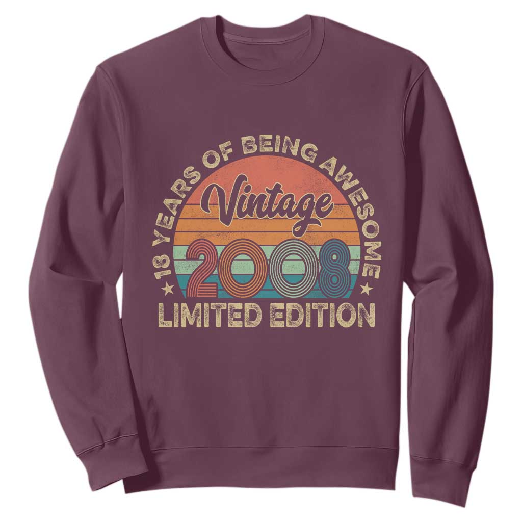 Vintage 2008 18th Birthday Gifts Sweatshirt Limited Edition 18 Year Old Bday TS10 Maroon Print Your Wear