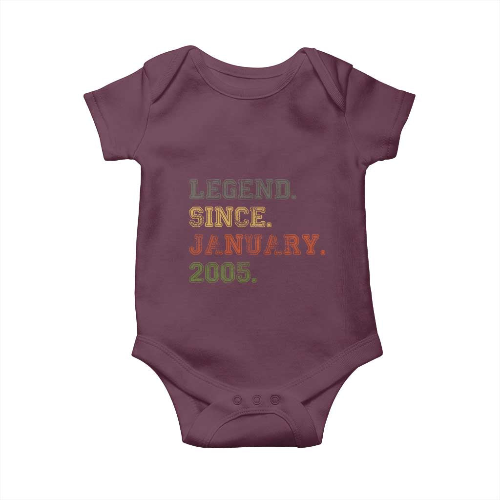 21st Birthday Gifts Baby Onesie Retro 21 Years Old Legend Since January 2005 TS10 Maroon Print Your Wear