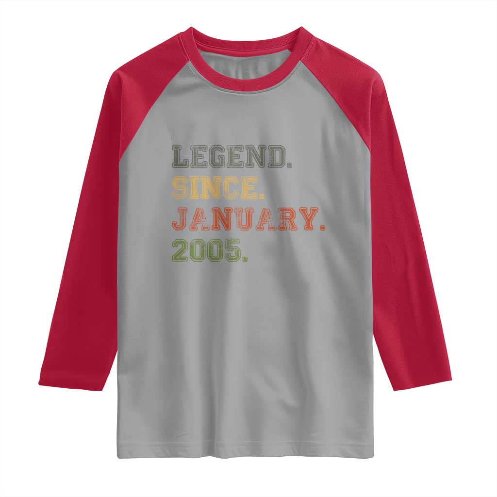 21st Birthday Gifts Raglan Shirt Retro 21 Years Old Legend Since January 2005 TS10 Sport Gray Red Print Your Wear