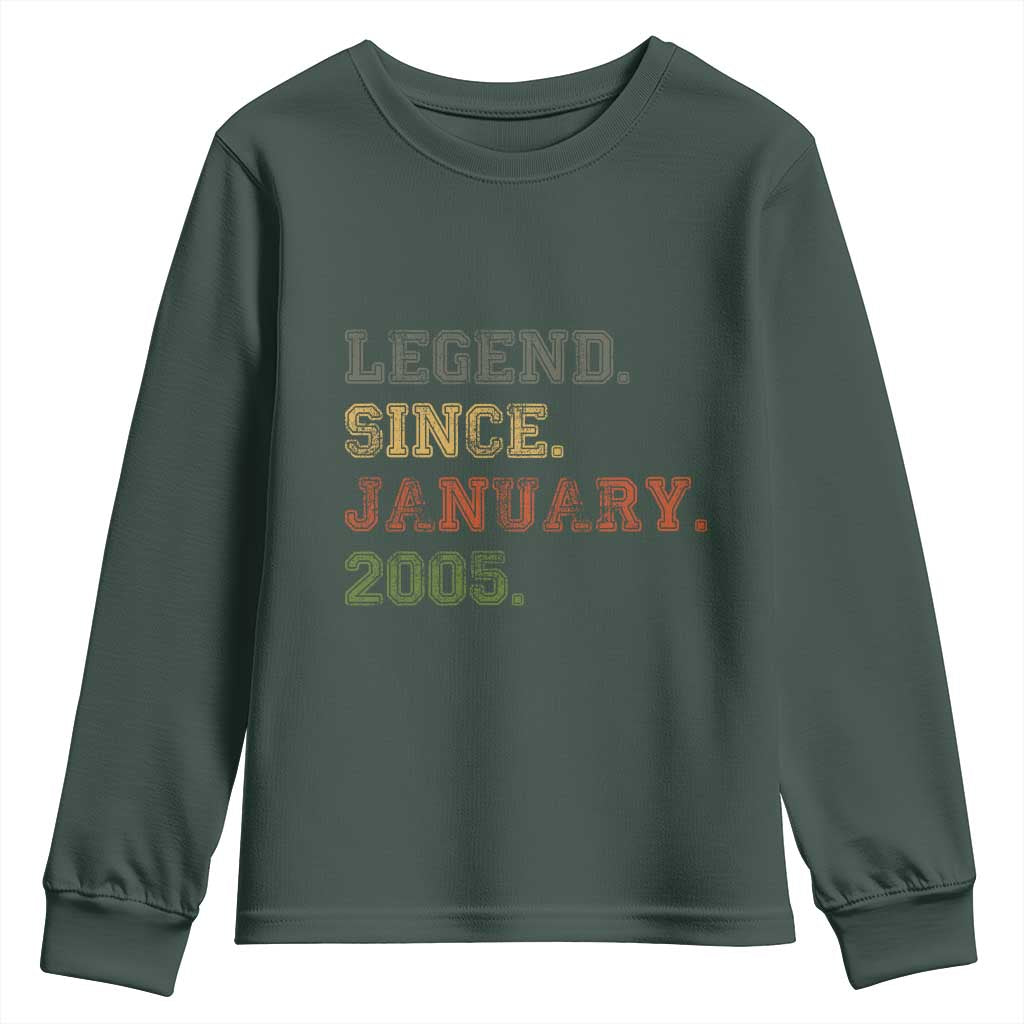 21st Birthday Gifts Youth Sweatshirt Retro 21 Years Old Legend Since January 2005 TS10 Dark Forest Green Print Your Wear