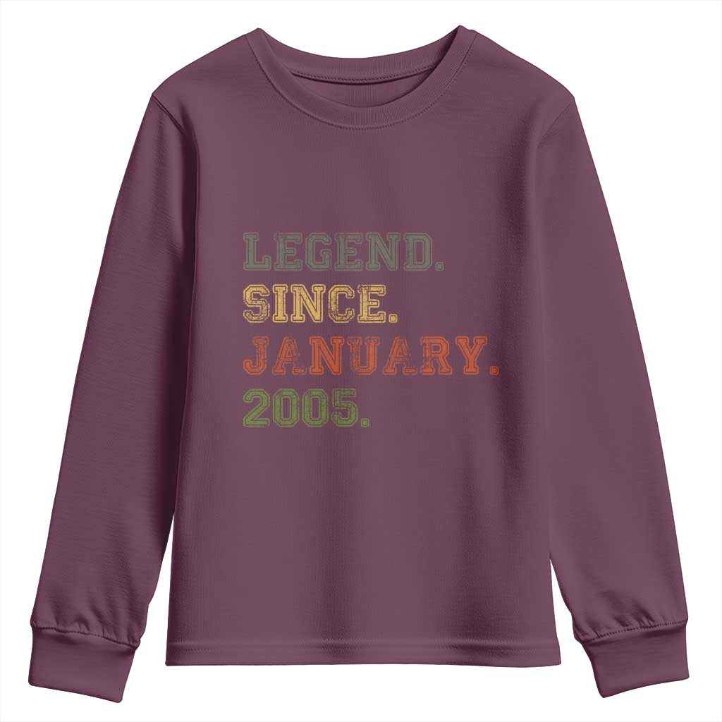 21st Birthday Gifts Youth Sweatshirt Retro 21 Years Old Legend Since January 2005 TS10 Maroon Print Your Wear