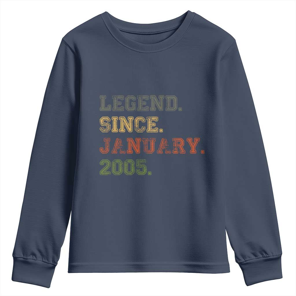 21st Birthday Gifts Youth Sweatshirt Retro 21 Years Old Legend Since January 2005 TS10 Navy Print Your Wear