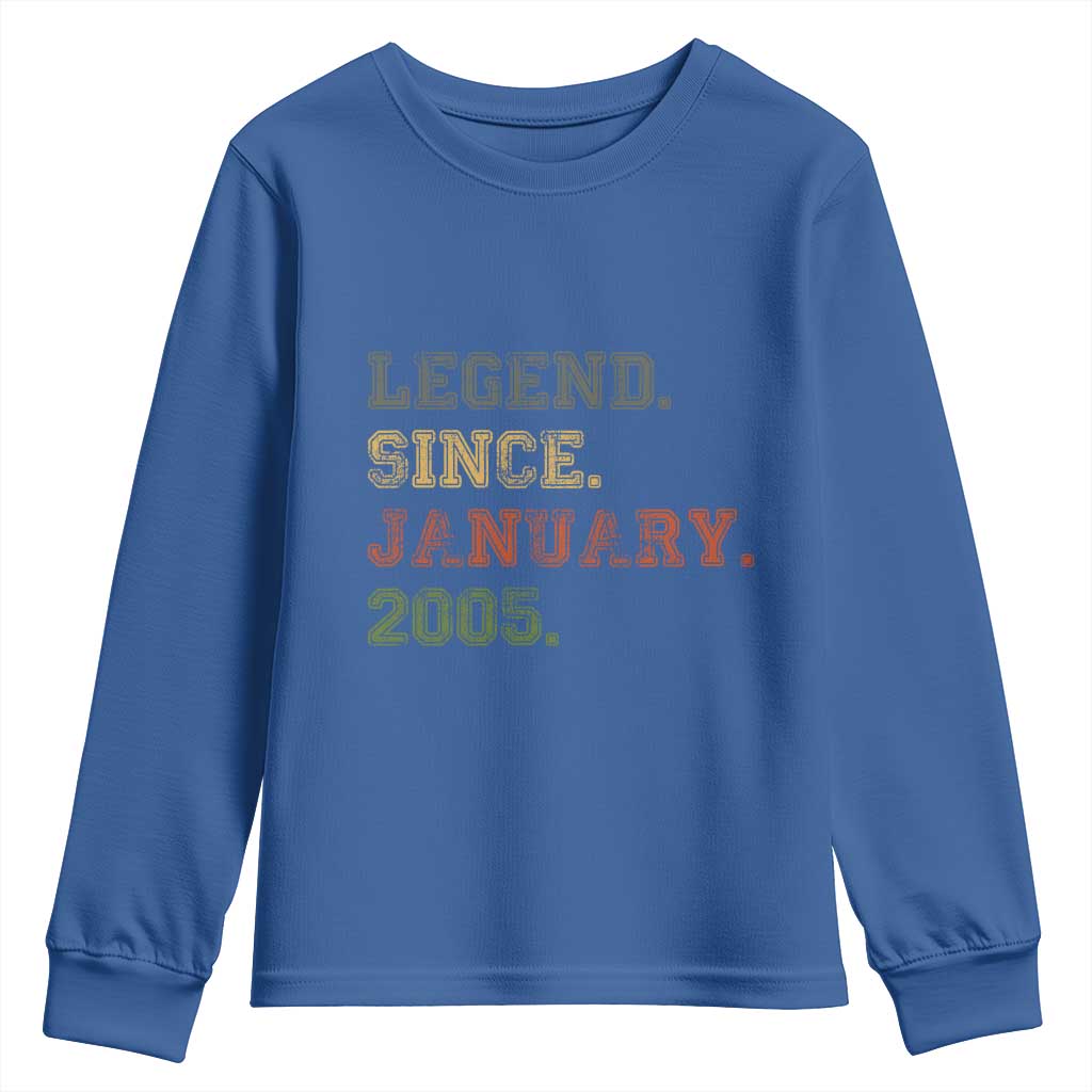 21st Birthday Gifts Youth Sweatshirt Retro 21 Years Old Legend Since January 2005 TS10 Royal Blue Print Your Wear