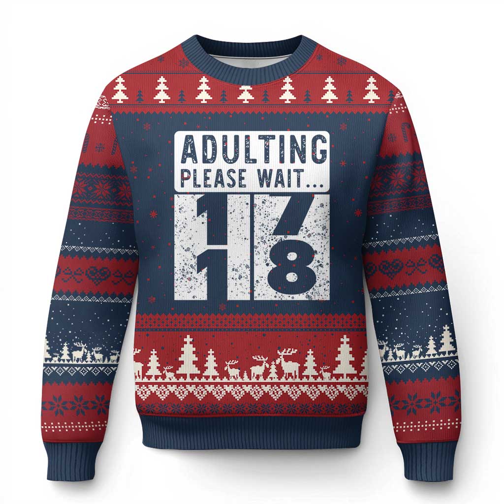 Happy 18th Birthday Ugly Christmas Sweater Adulting Please Wait 18 Year Old Bday Gifts TS10 Navy Red Print Your Wear