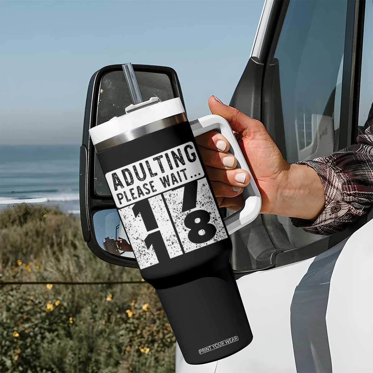 Happy 18th Birthday Tumbler With Handle Adulting Please Wait 18 Year Old Bday Gifts TS10 Print Your Wear