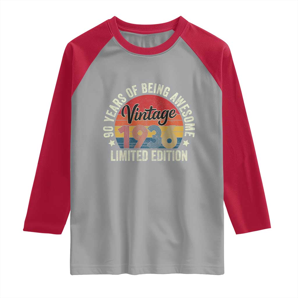 Funny 90th Birthday Raglan Shirt Vintage 1936 Limited Edition 90 Year Old Bday Gifts TS10 Sport Gray Red Print Your Wear