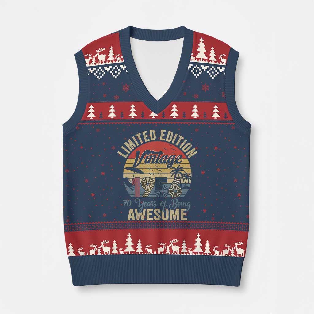 Funny 70th Birthday V-Neck Knit Sweater Vest Vintage 1956 Limited Edition 50 Year Old Bday Gifts TS10 Navy Red Print Your Wear