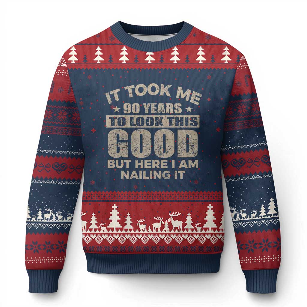 Funny 90th Birthday Ugly Christmas Sweater Retro Grandpa Grandma Bday Gift TS10 Navy Red Print Your Wear