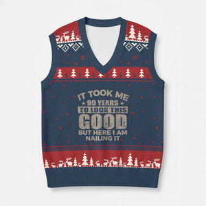 Funny 90th Birthday V-Neck Knit Sweater Vest Retro Grandpa Grandma Bday Gift TS10 Navy Red Print Your Wear