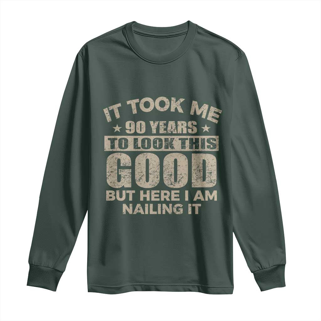 Funny 90th Birthday Long Sleeve Shirt Retro Grandpa Grandma Bday Gift TS10 Dark Forest Green Print Your Wear