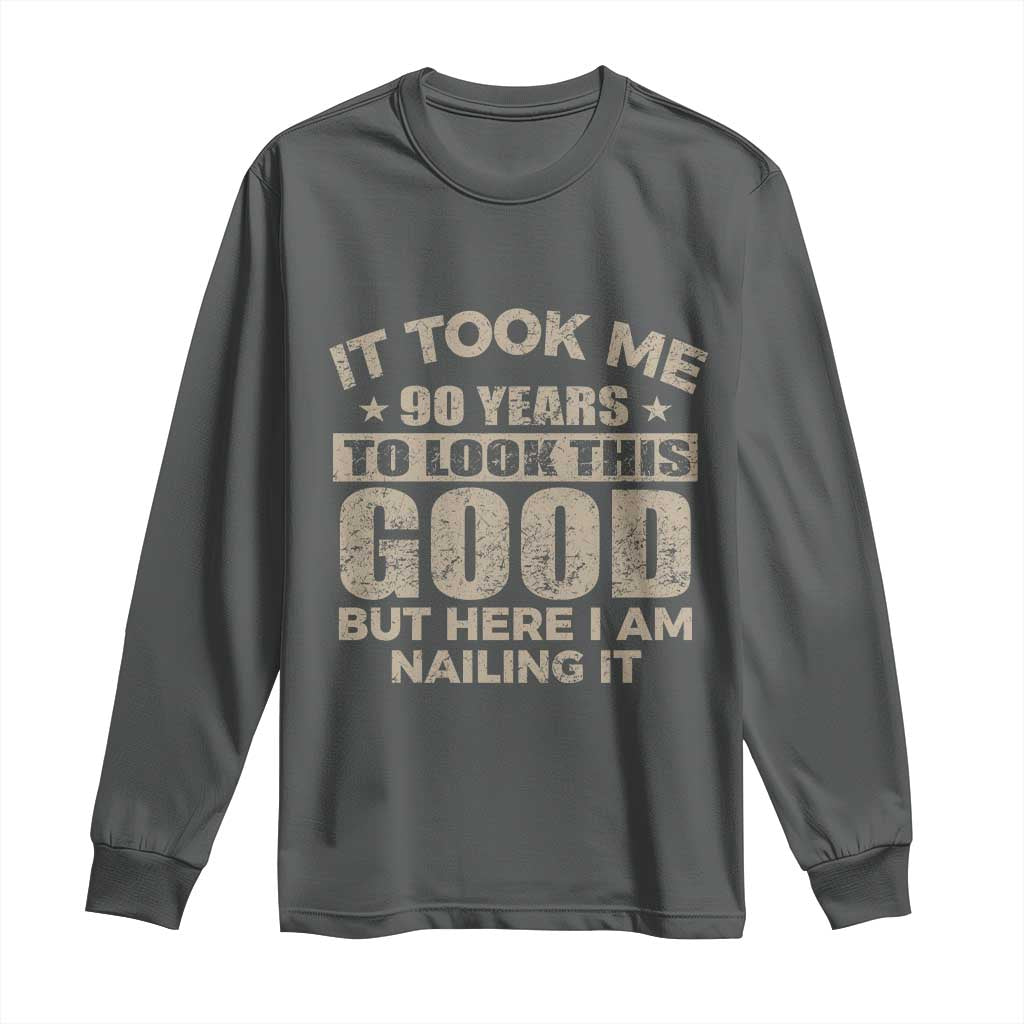 Funny 90th Birthday Long Sleeve Shirt Retro Grandpa Grandma Bday Gift TS10 Dark Heather Print Your Wear