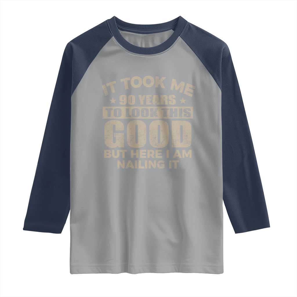 Funny 90th Birthday Raglan Shirt Retro Grandpa Grandma Bday Gift TS10 Sport Gray Navy Print Your Wear