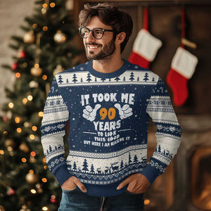 Funny 90th Birthday Ugly Christmas Sweater It Took Me 90 Years To Look This Good TS10 Navy Beige Print Your Wear