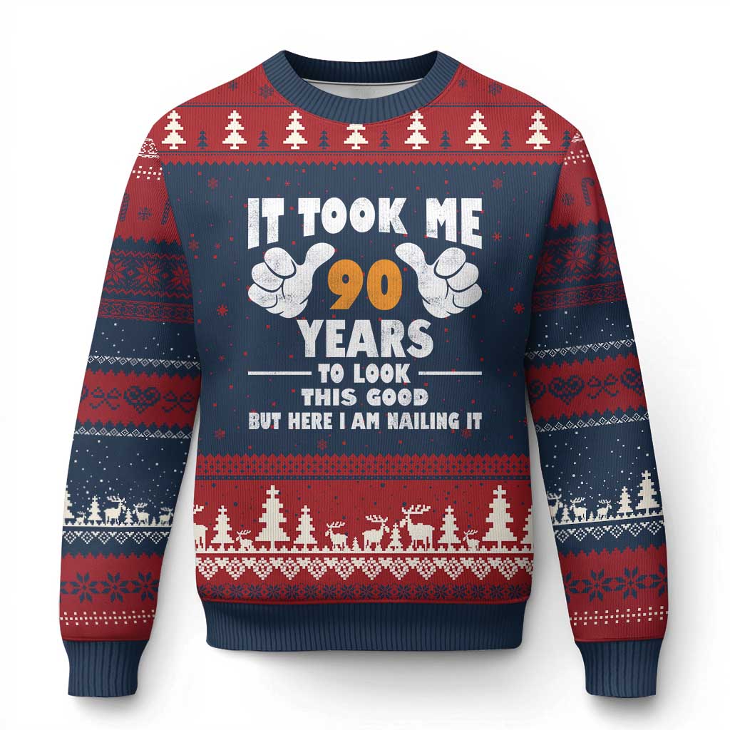 Funny 90th Birthday Ugly Christmas Sweater It Took Me 90 Years To Look This Good TS10 Navy Red Print Your Wear
