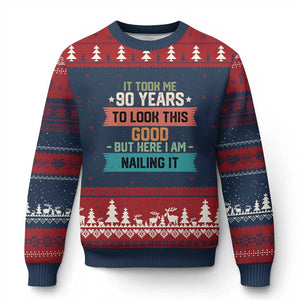 Funny 90th Birthday Ugly Christmas Sweater Vintage It Took Me 90 Years To Look This Good Bday Gift TS10 Navy Red Print Your Wear