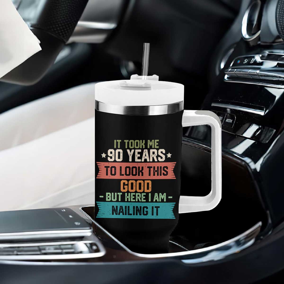 Funny 90th Birthday Tumbler With Handle Vintage It Took Me 90 Years To Look This Good Bday Gift TS10 Print Your Wear