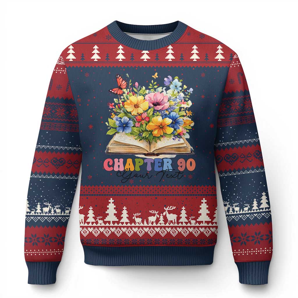 Personalized 90th Birthday Gift For Women Ugly Christmas Sweater Custom Name Chapter 90 Flowers Book TS10 Navy Red Print Your Wear
