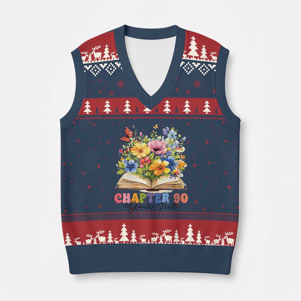 Personalized 90th Birthday Gift For Women V-Neck Knit Sweater Vest Custom Name Chapter 90 Flowers Book TS10 Navy Red Print Your Wear