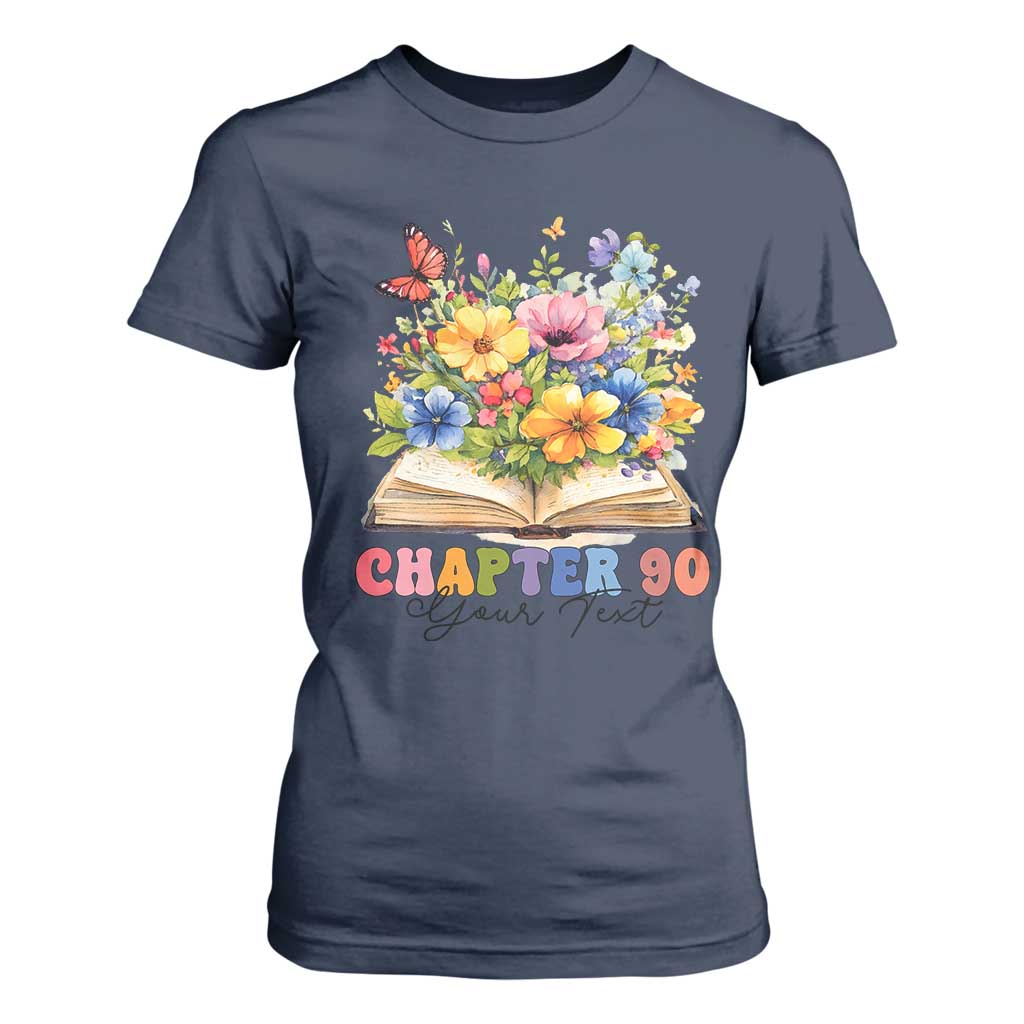 Personalized 90th Birthday Gift For Women T Shirt For Women Custom Name Chapter 90 Flowers Book TS10 Navy Print Your Wear