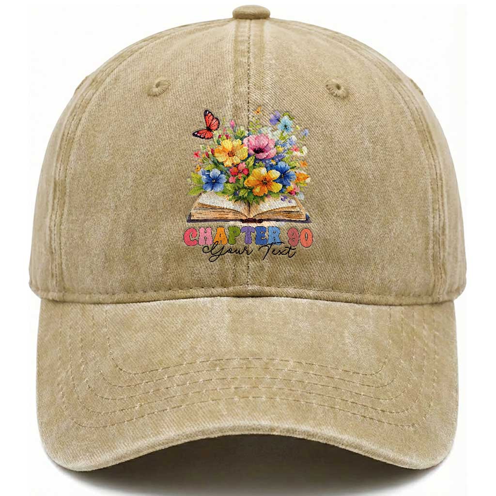 Personalized 90th Birthday Gift For Women Washed Cotton Baseball Cap Custom Name Chapter 90 Flowers Book