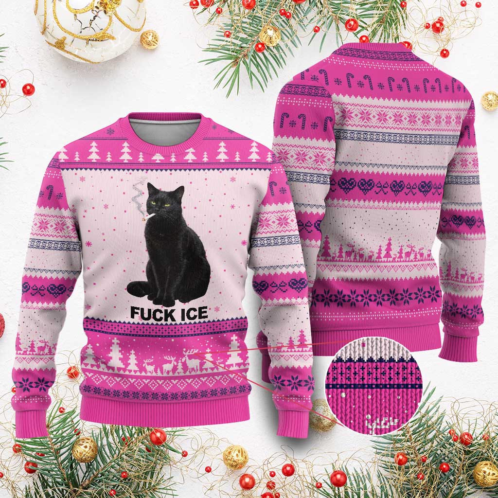 Fck Ice Smoking Cat Ugly Christmas Sweater Subtle FDT Black Cat Meme TS10 Hot Pink Print Your Wear