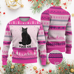 Fck Ice Smoking Cat Ugly Christmas Sweater Subtle FDT Black Cat Meme TS10 Hot Pink Print Your Wear
