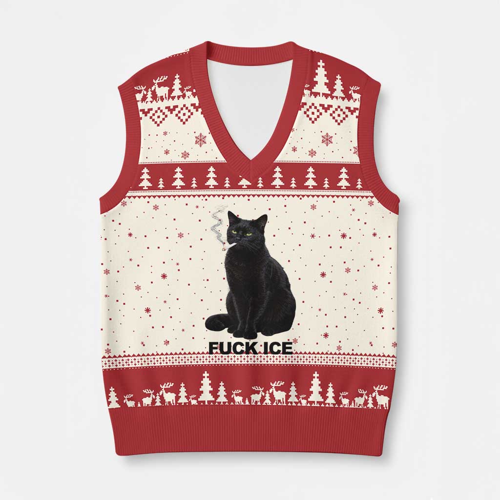 Fck Ice Smoking Cat V-Neck Knit Sweater Vest Subtle FDT Black Cat Meme TS10 Beige Red Print Your Wear