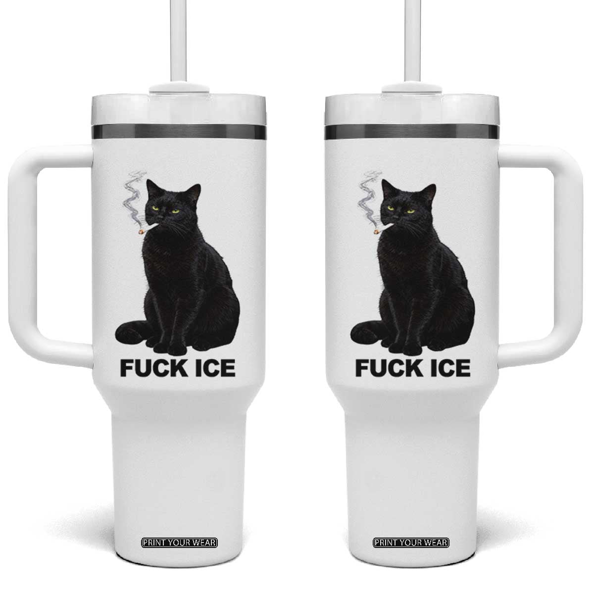 Fck Ice Smoking Cat Tumbler With Handle Subtle FDT Black Cat Meme TS10 One Size: 40 oz White Print Your Wear