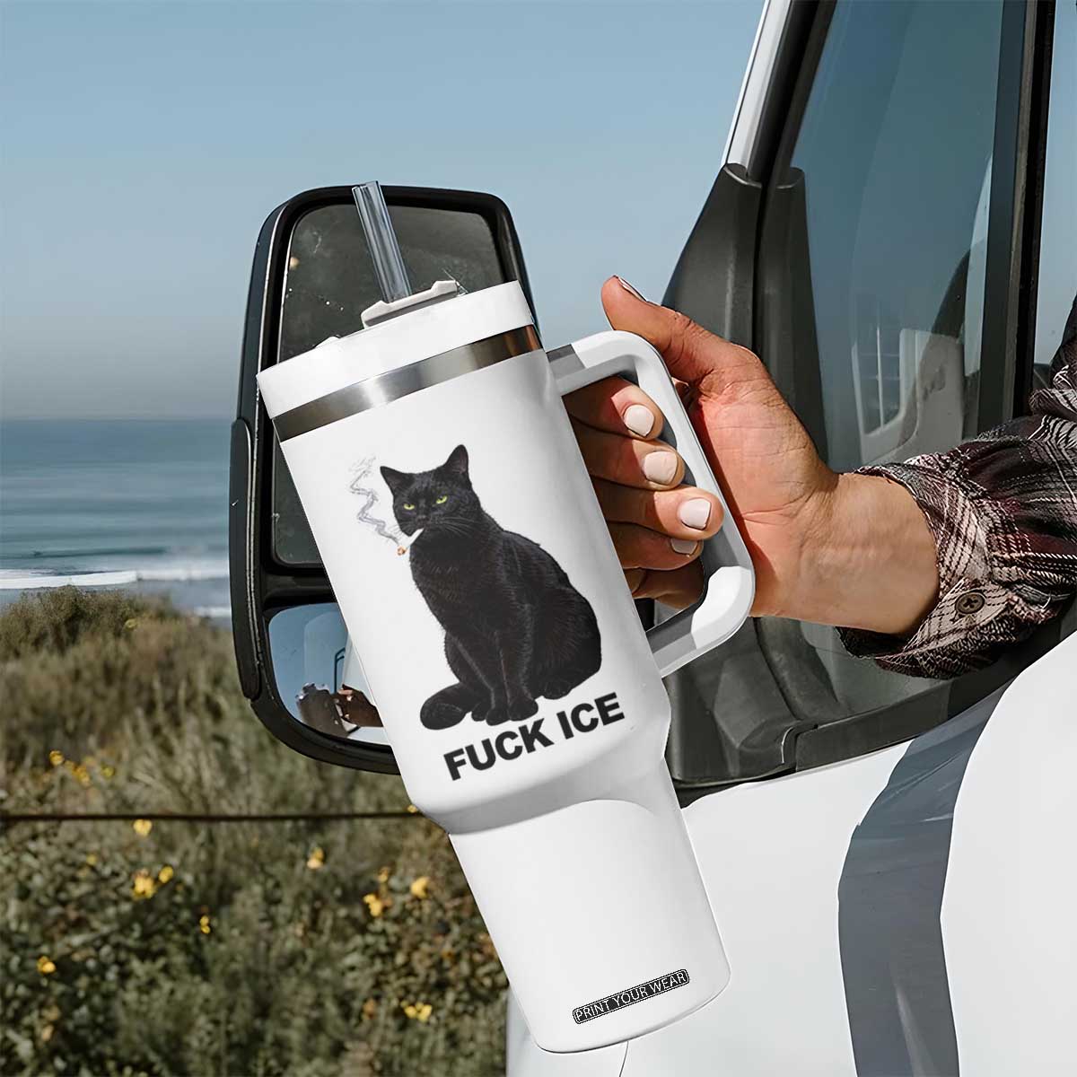 Fck Ice Smoking Cat Tumbler With Handle Subtle FDT Black Cat Meme TS10 Print Your Wear