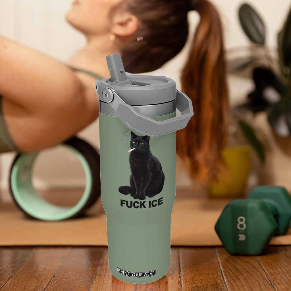 Fck Ice Smoking Cat Flip Straw Tumbler Subtle FDT Black Cat Meme TS10 One Size: 30 oz Moss Green Print Your Wear