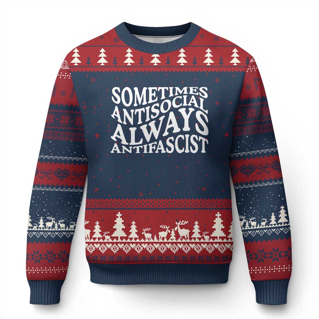 Sometimes Antisocial Always Antifascist Ugly Christmas Sweater TS10 Navy Red Print Your Wear