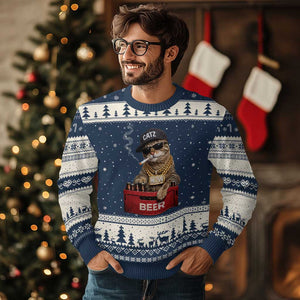 Funny Smoking Cat Meme Ugly Christmas Sweater Vintage Graphic Cigarette Kitty Beer Cat Lover TS10 Navy Beige Print Your Wear